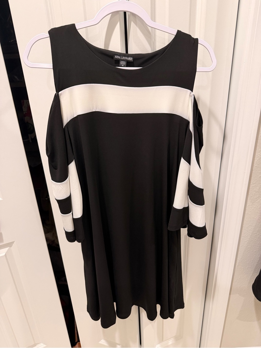 Nina Leonard Black and White Cold-Shoulder Colorblock Dress